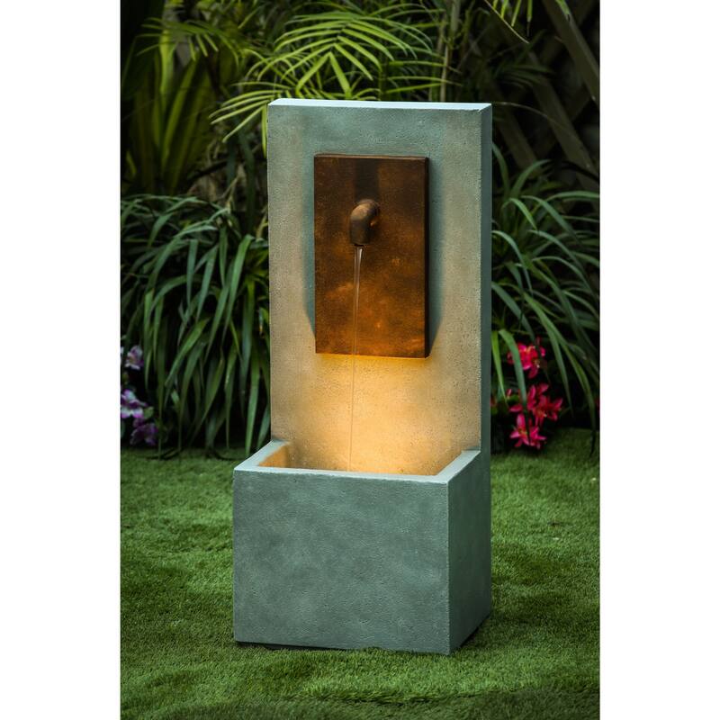 Grey and Brown Cement Column Outdoor Fountain with LED Light