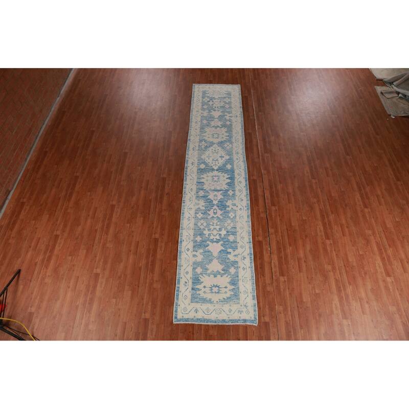 Hand Knotted Oriental 100% Wool Carpet Transitional Floral Navy Blue & Blues Oushak Runner Rug - 14' 5'' X 3' 1''