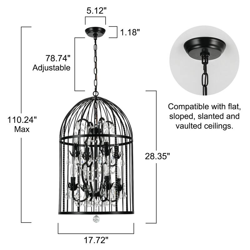 Vintage Industrial Birdcage Crystal Chandelier with Black Metal Cage and Crystal Accents - W17.72"