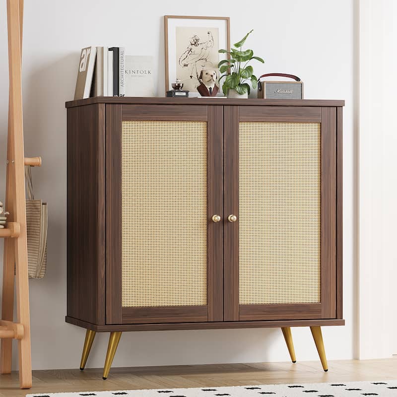 Farmhouse Rattan Storage Cabinet, Natural Buffet Sideboard - N/A - Walnut