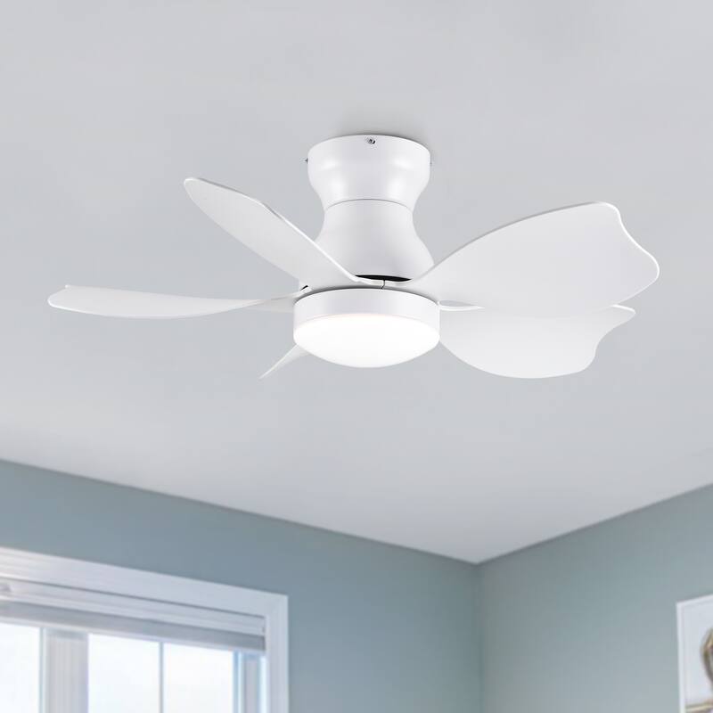 YUHAO 30 Inch Modern Matte White Indoor Flush Mount Small Ceiling Fan With LED Light and Remote Control