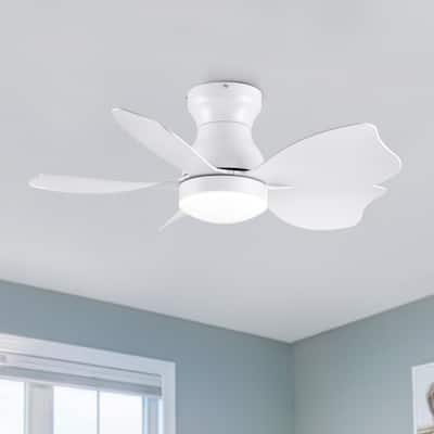 YUHAO 30 Inch Modern Matte White Indoor Flush Mount Small Ceiling Fan With LED Light and Remote Control