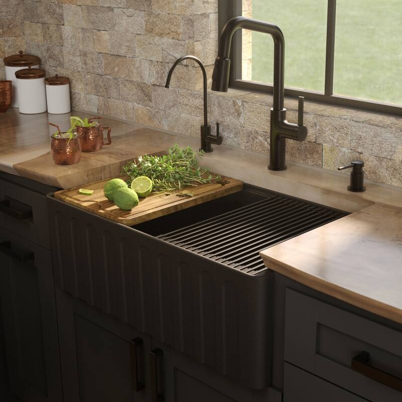 Karran 30" Single Bowl Workstation Fireclay Kitchen Sink with Reversible Fluted Apron Front