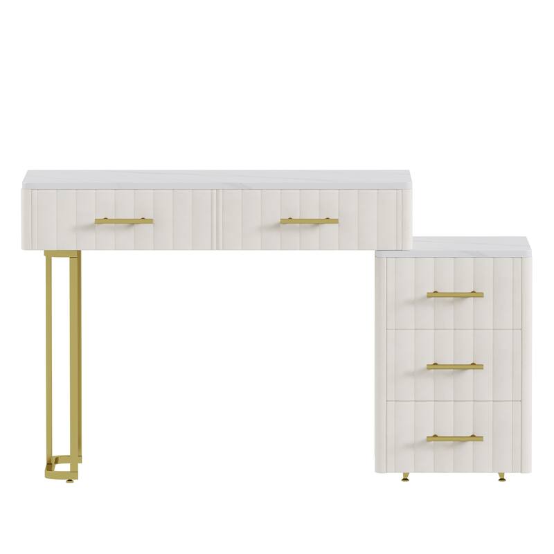 Vanity Desk With Chair, Vanity Set With 5 Big Drawers, Makeup Table With Padded Chair, Marble-Look Sticker Top Dressing Table
