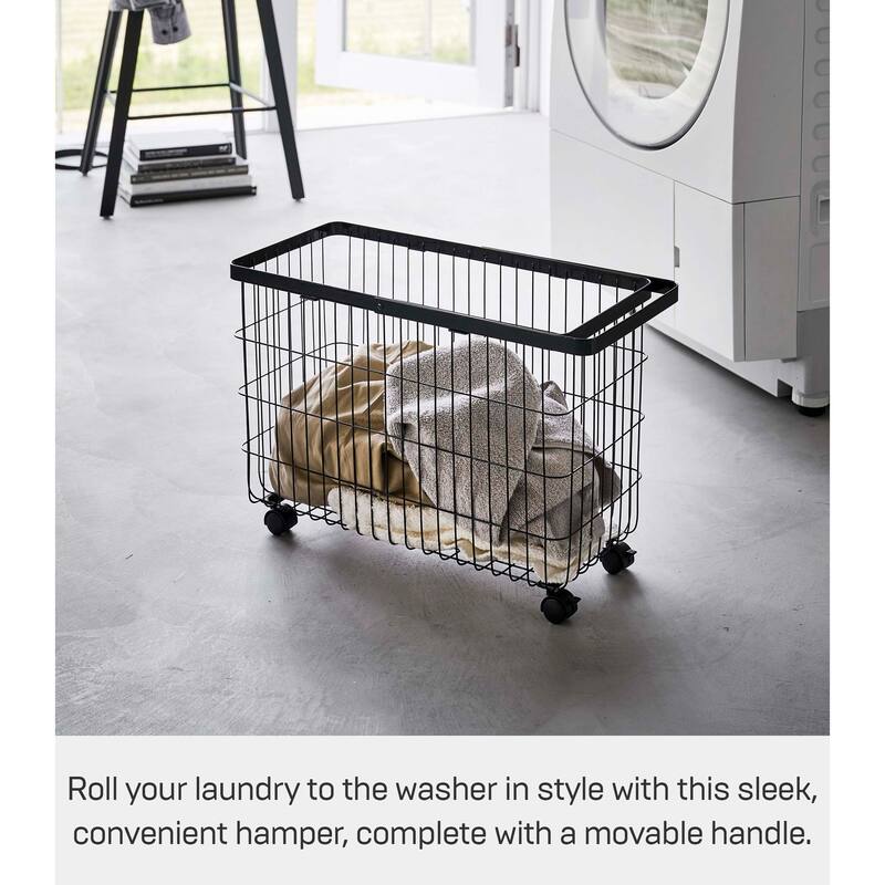 Yamazaki Home Rolling Wire Basket, Steel, 9.8 gallons, 35 liters, Holds 11 lbs - L 9.8 x W 21.5 x H 14.8 inches