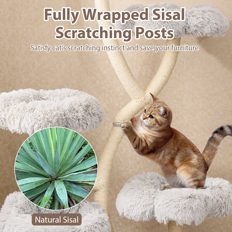 White Wood Plush Cat Tower with Condo, Sisal Posts and Flower Platforms - Overall Height: 65"