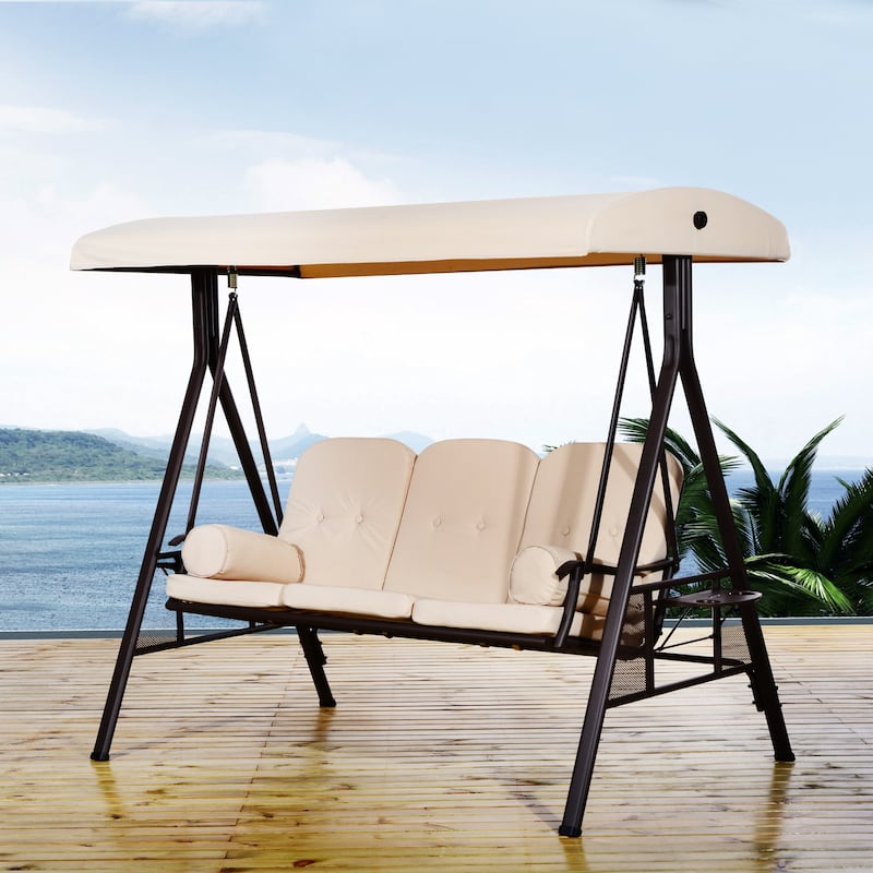 Outsunny Outdoor Patio 3-Person Canopy Cushioned Seat Bench Swing with Included Side Trays & Padded Comfort - Beige