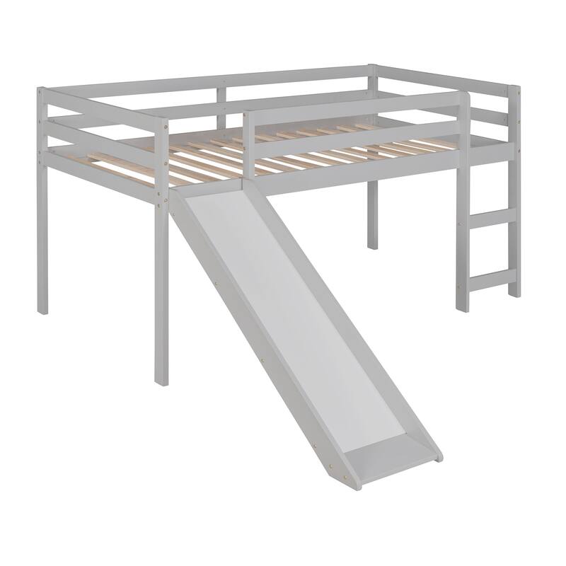 Multifunctional Twin Loft Bed with Slide, Gray Finish, Solid Pine Construction
