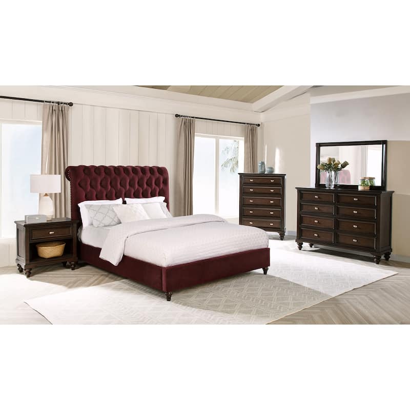 Devon Bedroom Set Wine Red and Dark Oak - Queen - 5 Piece