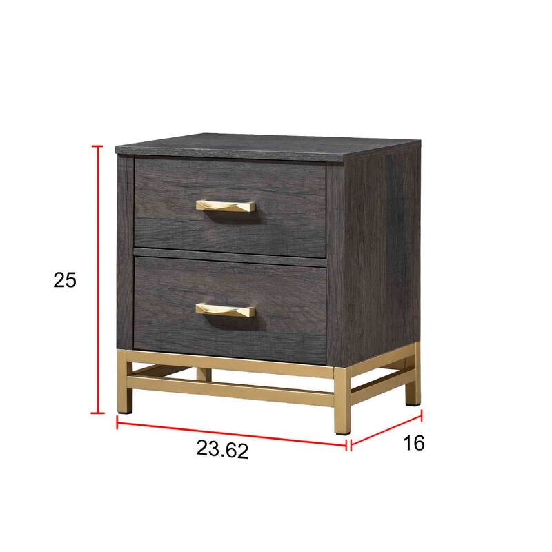 Contemporary Two-Drawer Nightstand with Gold Metal Handle in Gray