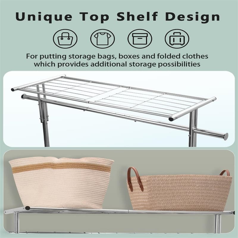 Clothes Rack on Wheels with Extra Top Storage Shelf - 18"D x 42.9"W x 67.2"H