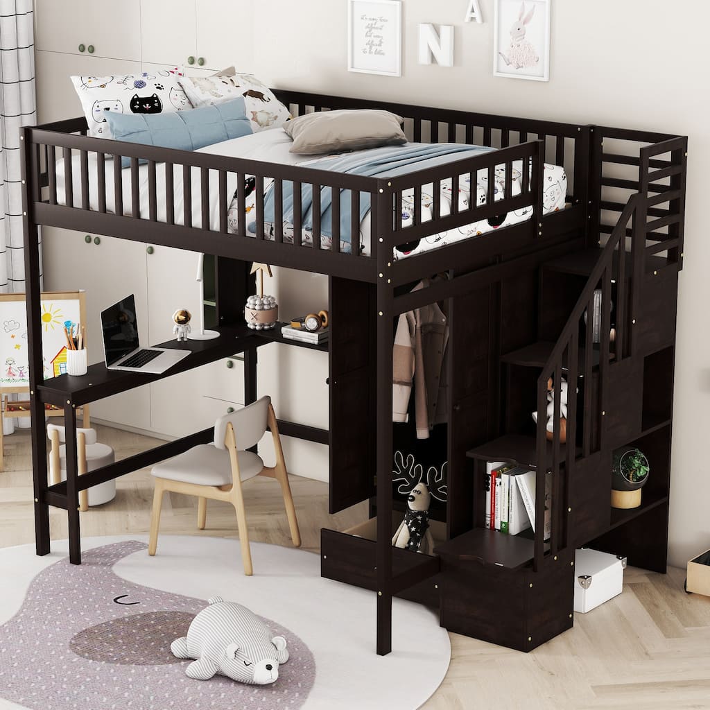 Full Loft Bed with Bookshelf Wardrobe Storage Stairs - Espresso