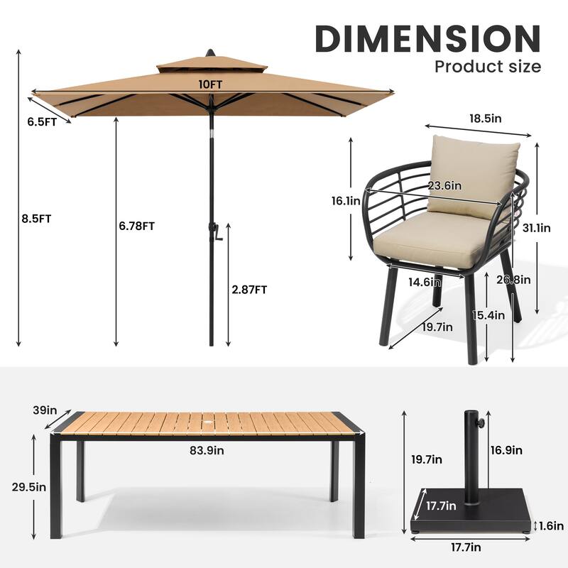 9/11-Piece Outdoor Patio Dining Set w/10 ft Umbrella and Base Aluminum Dining Table and Dining Chairs with Sunbrella Cushions