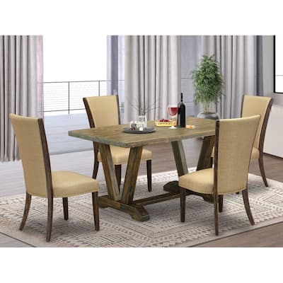 HomeStock 5-Piece Distressed Jacobean Finish Solid Wood Top Dining Table with 4 Upholstered Chairs