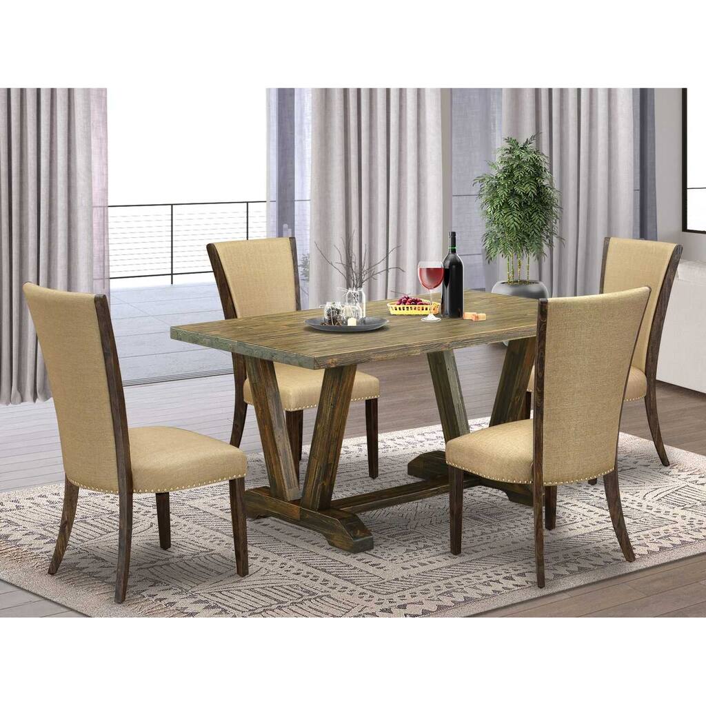 HomeStock 5-Piece Distressed Jacobean Finish Solid Wood Top Dining Table with 4 Upholstered Chairs