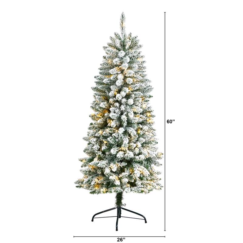 5ft Slim Artificial Christmas Tree with Lights - Winter Fir Tree, Prelit Holiday Decor, Realistic Flocked Tree - White - 60