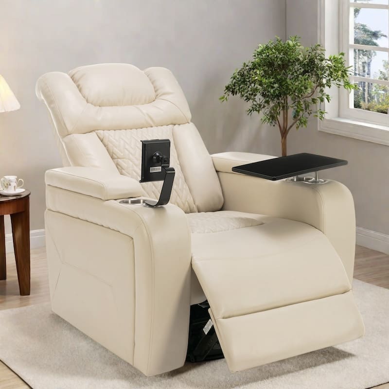 Power Recliner Chair with 270° Swivel, Rocking Function, Tray Table, USB Port, Cup Holders and Phone Holder - White