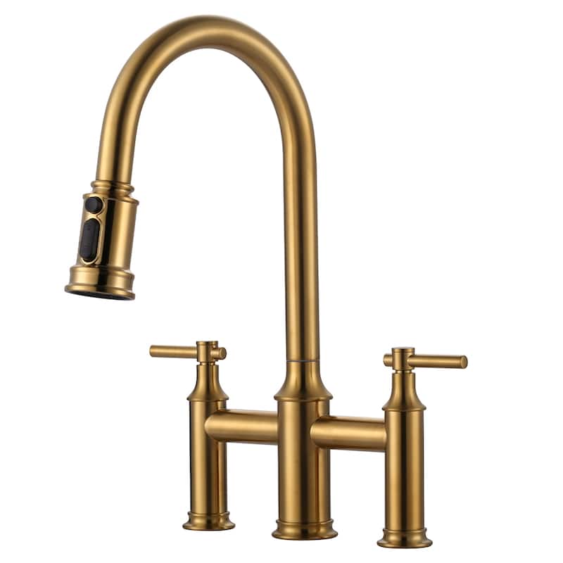 WOWOW Double Handle Pull Down Sprayer Bridge Kitchen Faucet - Gold