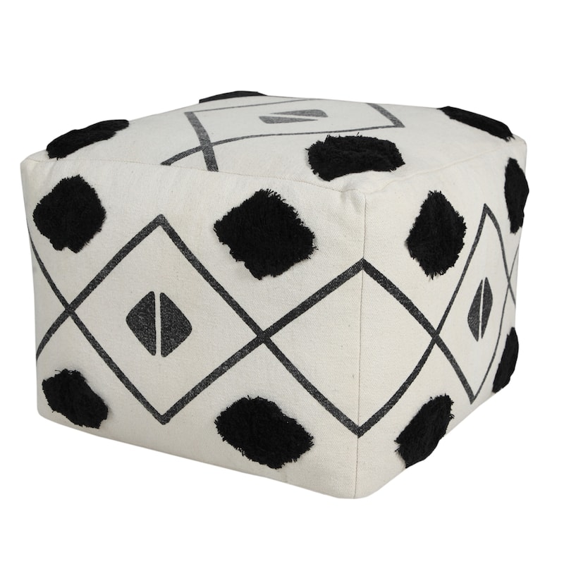 Geometric White Cotton Pouf Ottoman 18 Inch for Living Room Decor