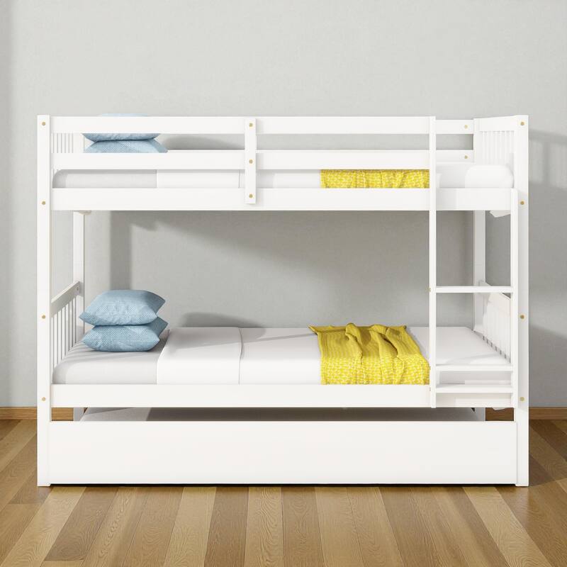 Twin Over Twin Rubber Wood Bunk Bed with Trundle, Convertible into Twin Beds, Ladder and Safety Guardrails