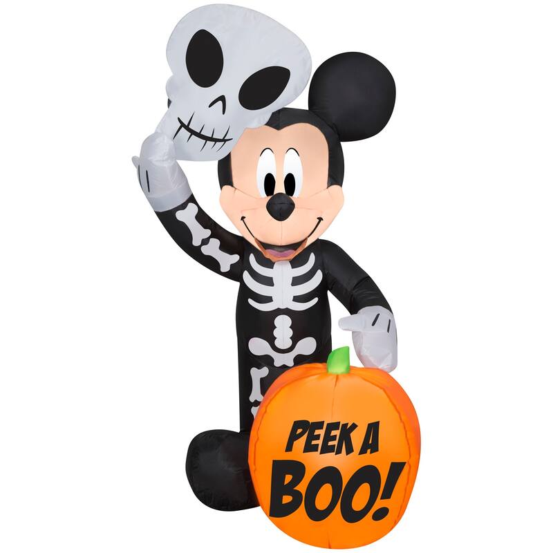 Gemmy Halloween Inflatable Mickey Mouse in Skeleton Costume w/ Pumpkin, 4 ft Tall