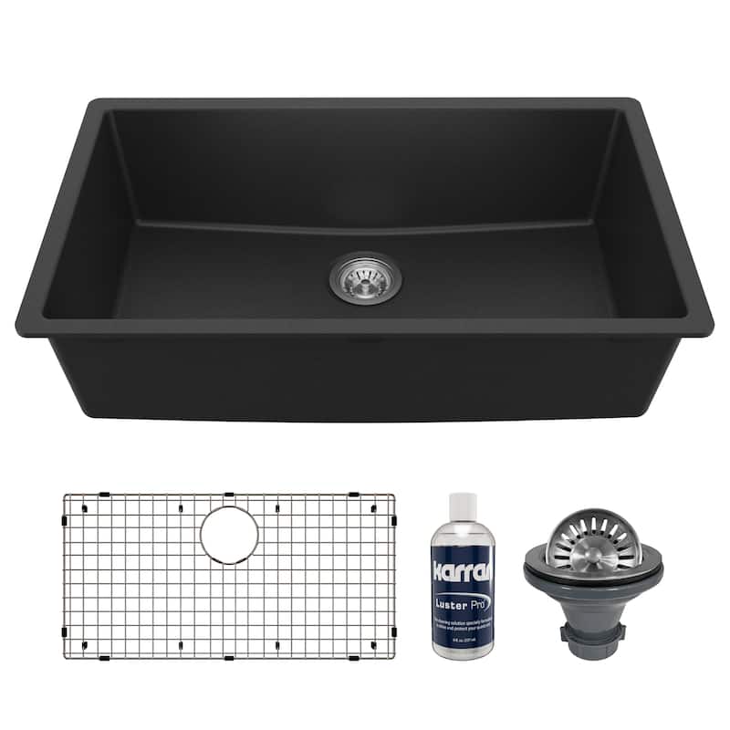 Karran Undermount 32.5 in. Large Single Bowl Quartz Kitchen Sink Kit - Black