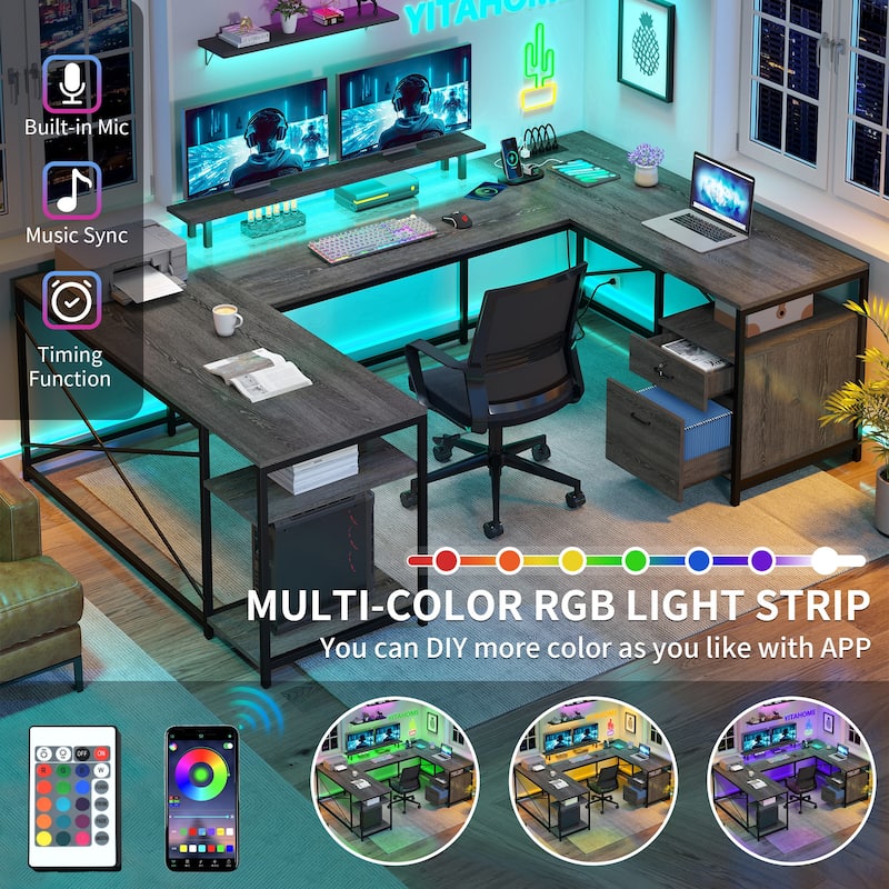 Moasis U-Shaped L-Shaped LED Computer Desk Reversible Corner Home Office Gaming Desk with Power Outlets