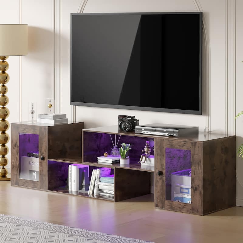 VECELO TV Stand with LED Lights & Power Outlets, Storage Shelves - 55 inches - Brown