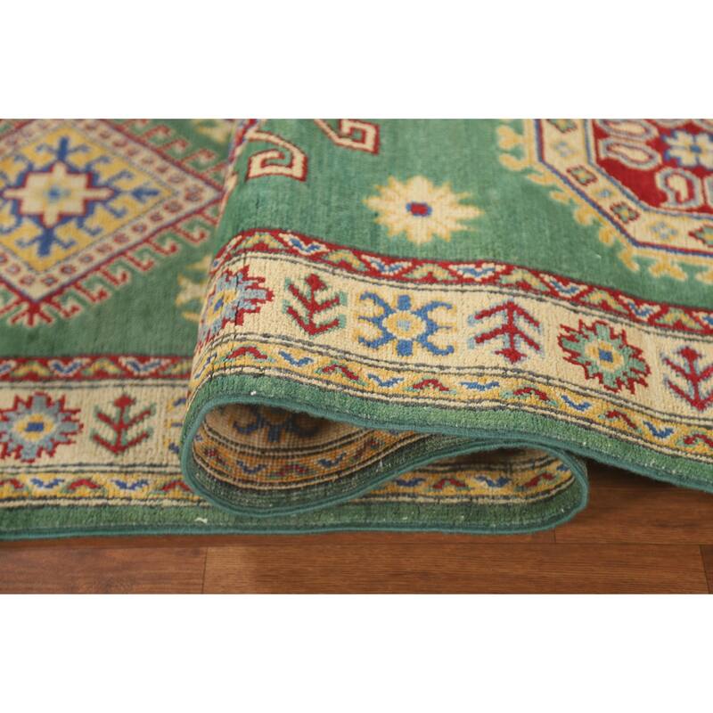 Green Kazak Runner Rug Hand-Knotted Geometric Wool Carpet - 2'7" x 16'2"