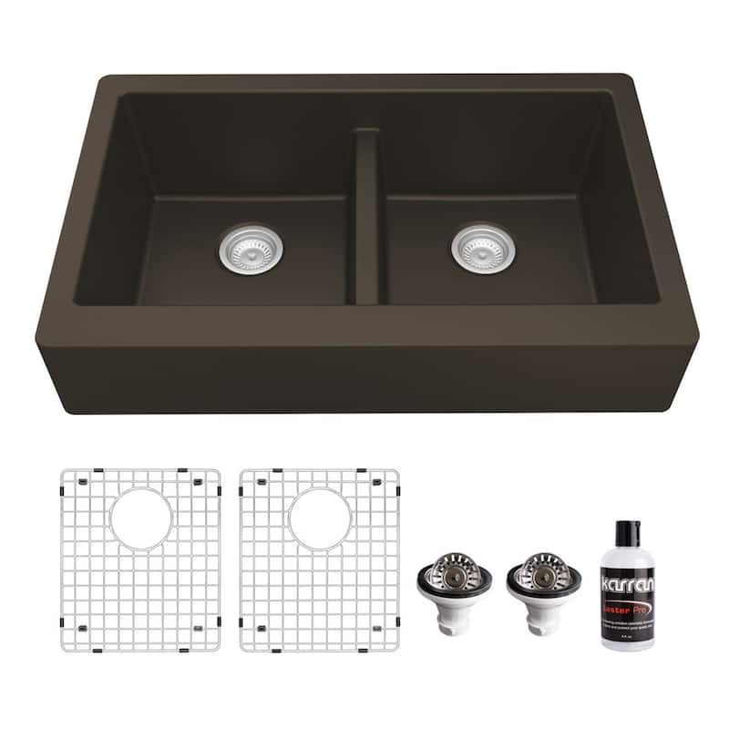 Karran Retrofit Farmhouse Quartz 34 in. Double Bowl 50/50 Sink Kit - Brown