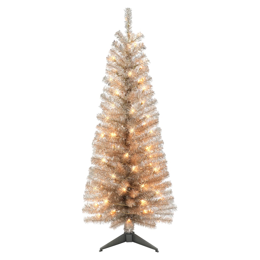 Puleo International 4.5 ft. Pre-lit Rose Gold Tinsel Tree
