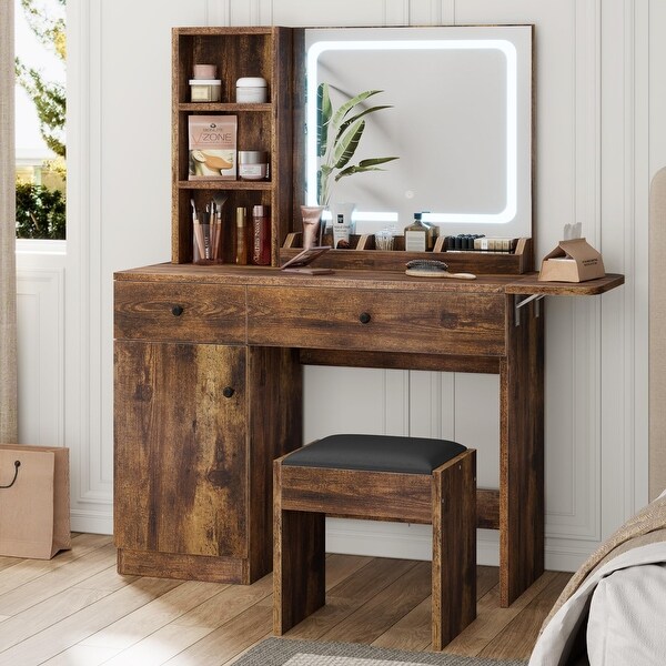 Brown Vanity Desk with LED Lighted Mirror Power Outlet Makeup Vanity with Drawers Cabinet Chair On Sale Bed Bath Beyond 41582564