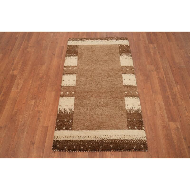 Hand Knotted Oriental 100% Wool Carpet Modern Geometric Brown Gabbeh Area Rug - 4' 5'' X 2' 5''