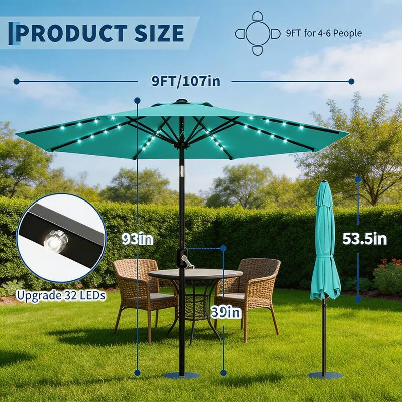 9 ft Patio Umbrella, 8 Sturdy Ribs, with Lights