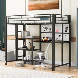 Metal Loft Bed Frame with Desk and Whiteboard, Twin Size Loft Bed with 3 Shelves, Ladder and Guardrails for Kids, Teens - Black