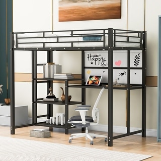 Twin Size Loft Bed with Desk, Whiteboard, 3 Shelves, Ladder