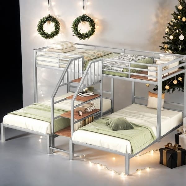 slide 2 of 26, Modern Twin over Twin & Twin Triple Bunk Bed With Storage Shelves Staircase for Bedroom Silver