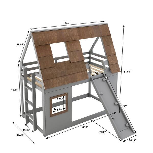 Twin over Twin House Bunk Bed With Window Roof,Ladder and Climbing Ramp