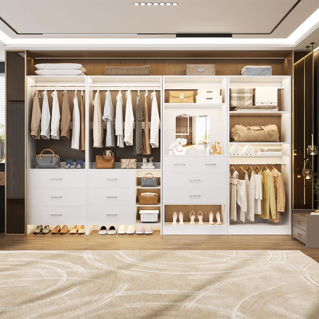 Cimly Set of 4 Closet Organizer with Drawers and Mirror, Freestanding Closet System with Hanging Rods