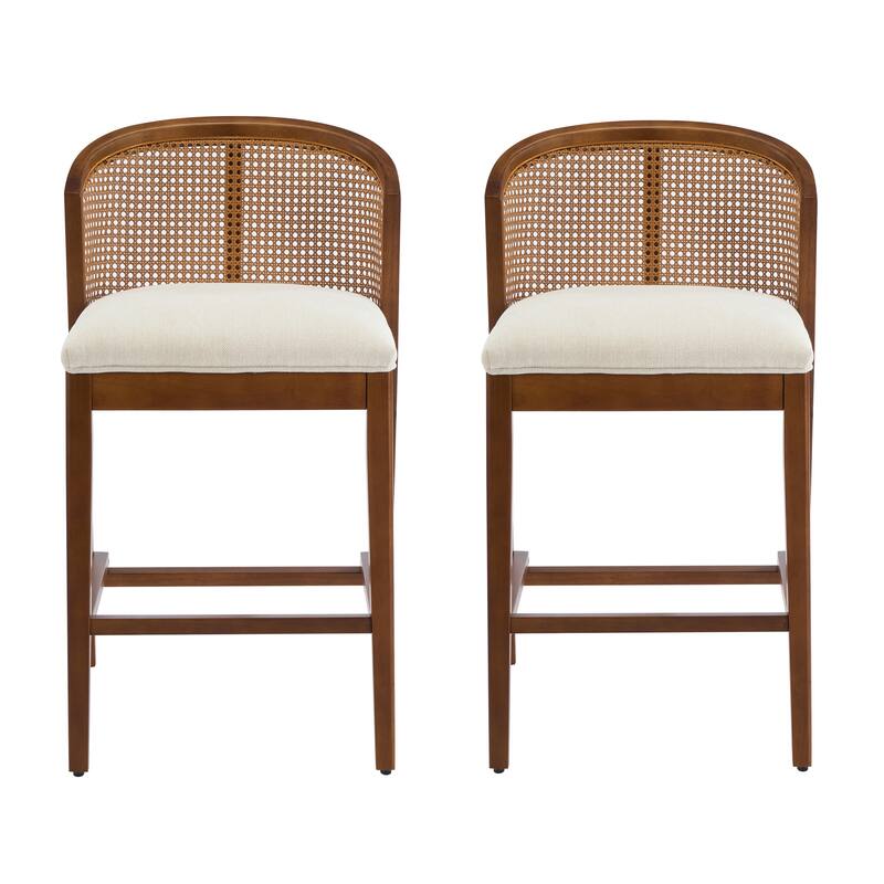 Roomfitters Tatti Indoor Wooden Counter Stools with Rattan Back and Beige Upholstery, Set of 2 - Set of 2