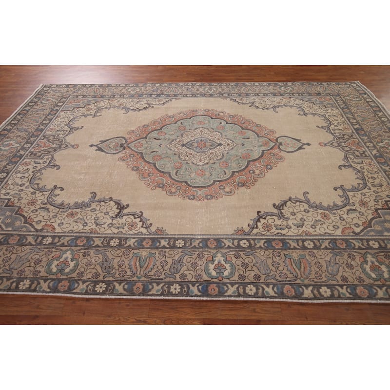 Distressed Tabriz Persian Vintage Area Rug Handmade Beige Wool Carpet - 7'10" x 11'1"
