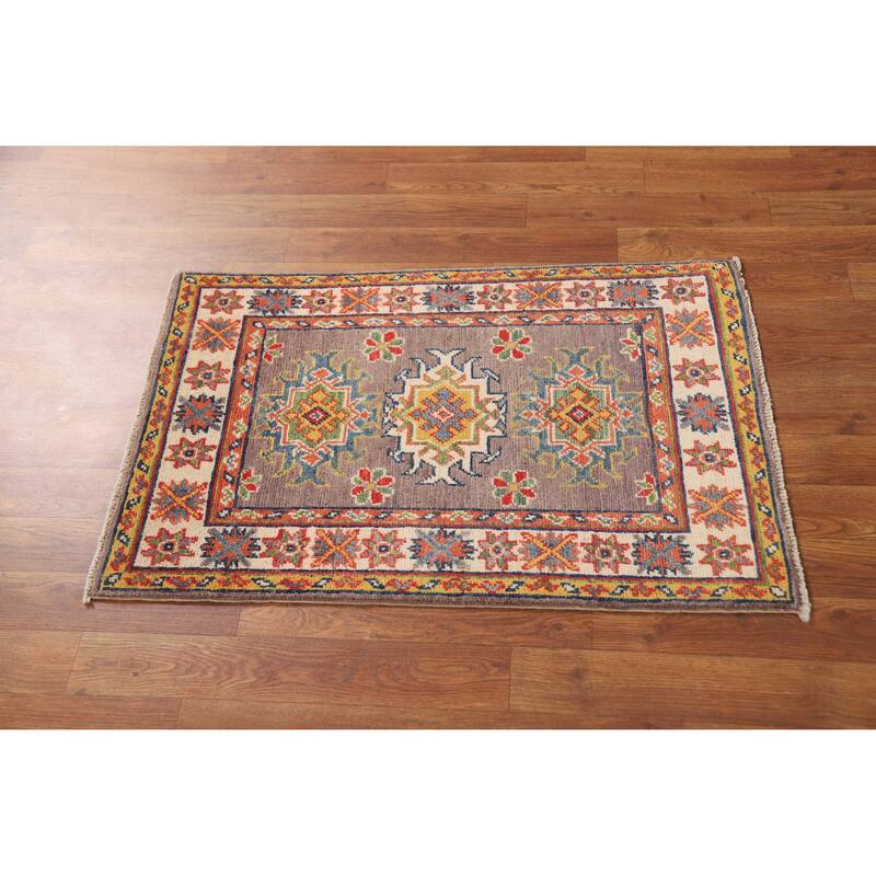 Geometric Kazak Oriental Rug Hand-Knotted Brown Wool Carpet - 2'0"x 3'0"