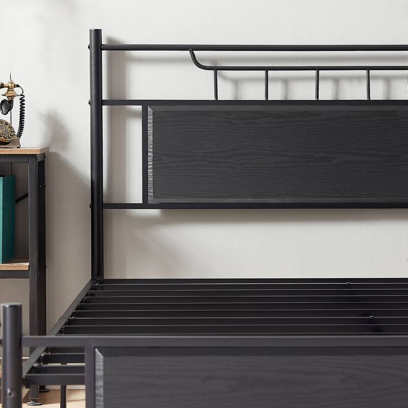 VECELO Industrial Bed Frame with Wood Headboard,Twin/Full/Queen Size Bed, Black/Brown/Slate-3 colors