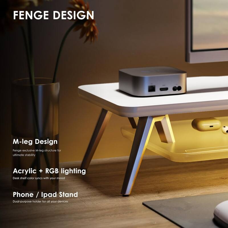 Fenge Dual Monitor Stand for Desk, 2 Tiers Monitor Riser with Acrylic Shelf & App Control LED Lights - 42.5 x 11 x 5.7 inches