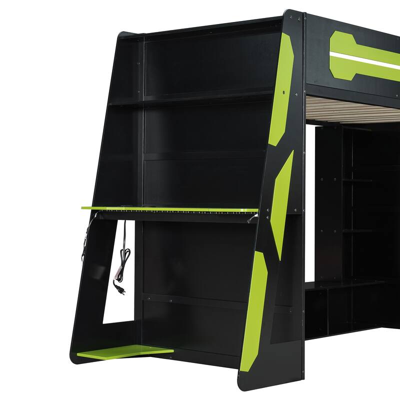 Esports Twin Loft Bed with Desk, Multi-storage Shelves and Light Strip