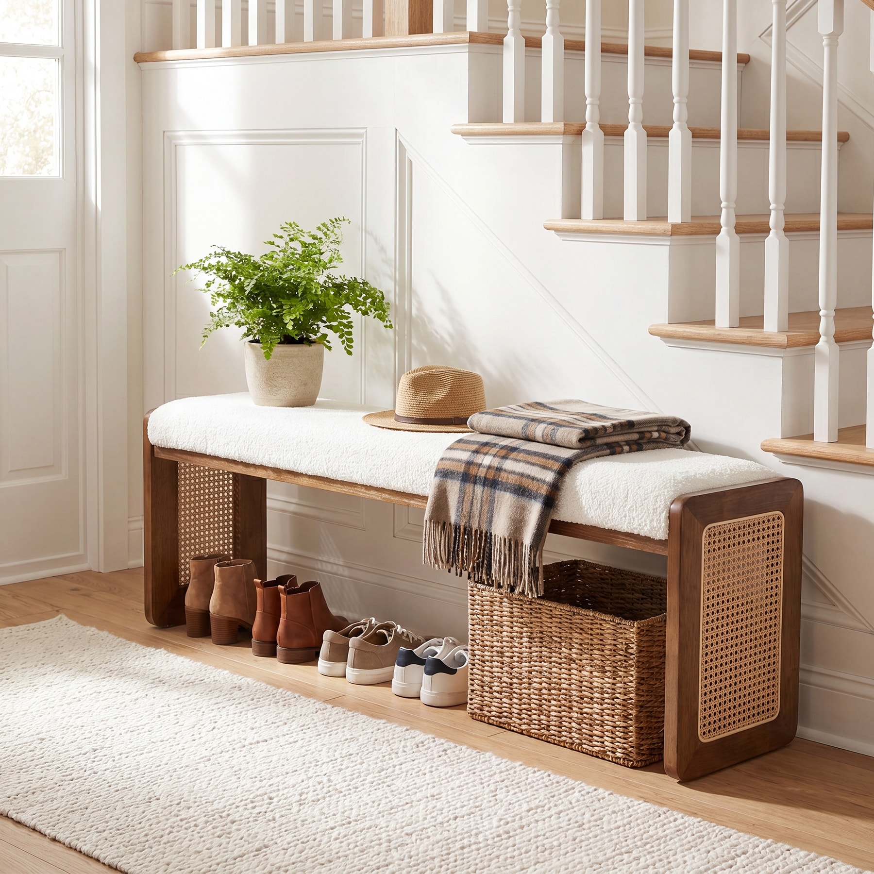 Solid Wood Shoe Bench with Cushion for Entryway Hallway, Modern Bench with Padded Seat, Sofa Ottoman