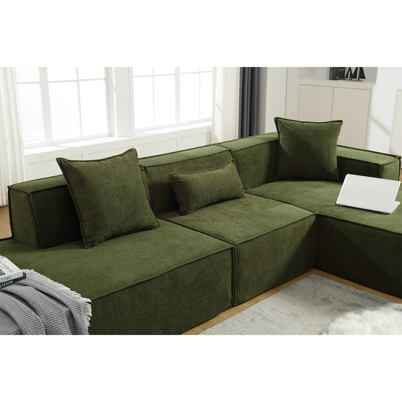 Green 129.5'' L-Shaped 4-Seater Modular Sofa Set with Chaise, Soft Terrycloth Fabric, Perfect for Living Rooms