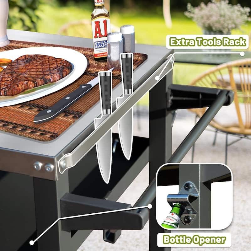 GDFStudio - Kendrick 3-Tier Outdoor Grill Table with Rolling Wheels and Multifunctional Prep Surface