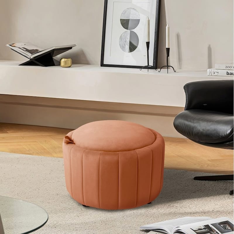 29" Modern Velvet Round Storage Ottoman - Orange