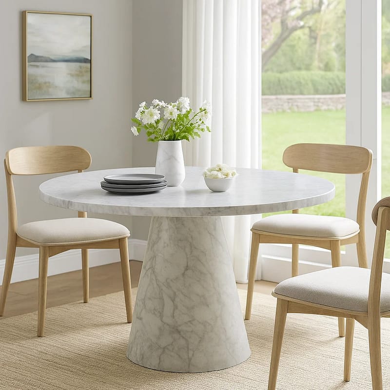 Kacie Round Dining Table, Pedestal Base, Light Gray Faux Stone 47 Inch